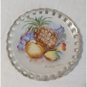 Vintage Ucagco Japan Hand Painted Plate Pineapple Gold Trim‎ Signed Decor 6 1/4"